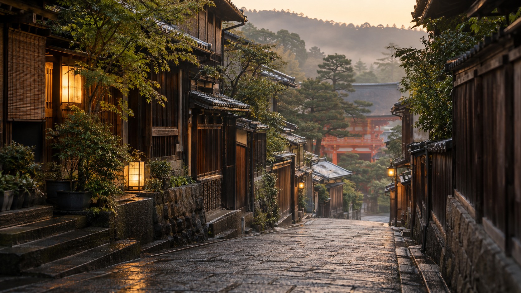 A traditional street in Kyoto at dawn