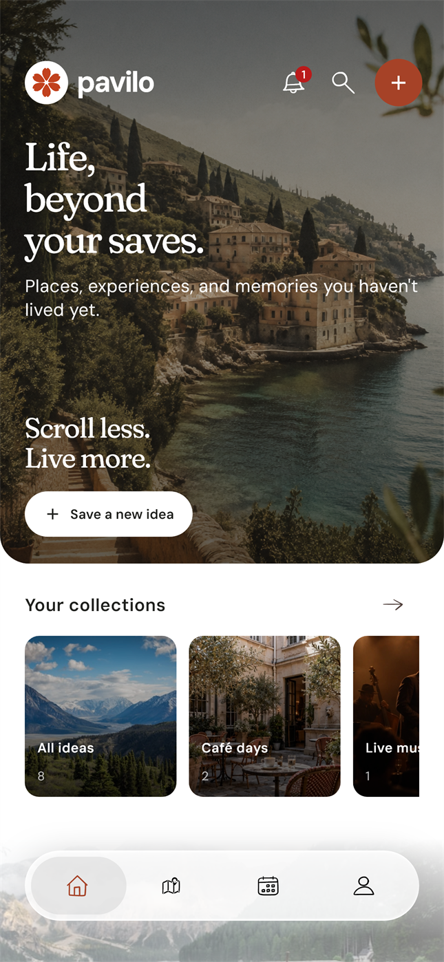 Pavilo home screen showing saved discoveries